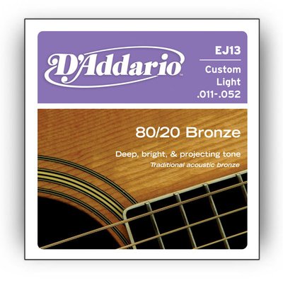 Струни для акустичної гітари D'Addario EJ13 80/20 Bronze Custom Light Acoustic Guitar Strings 11/52 78784 фото