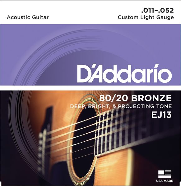 Струни для акустичної гітари D'Addario EJ13 80/20 Bronze Custom Light Acoustic Guitar Strings 11/52 78784 фото