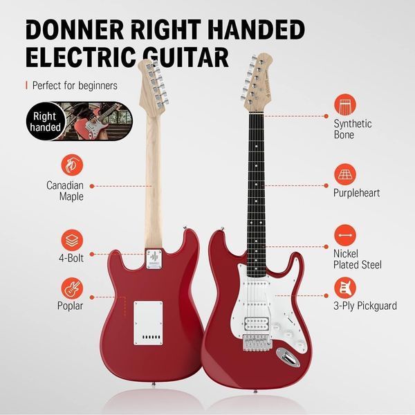 Набір електрогітара Donner Music DST-100 Sunburst Electric Guitar Kit Red EC1166 + комбопідсилювач + тюнер +чохол + ремінь 87532 фото