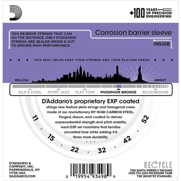 Струны для акустической гитары D'Addario EXP26 Phosphor Bronze Custom Light Acoustic Guitar Strings 11/52 D'Addario EXP26 фото