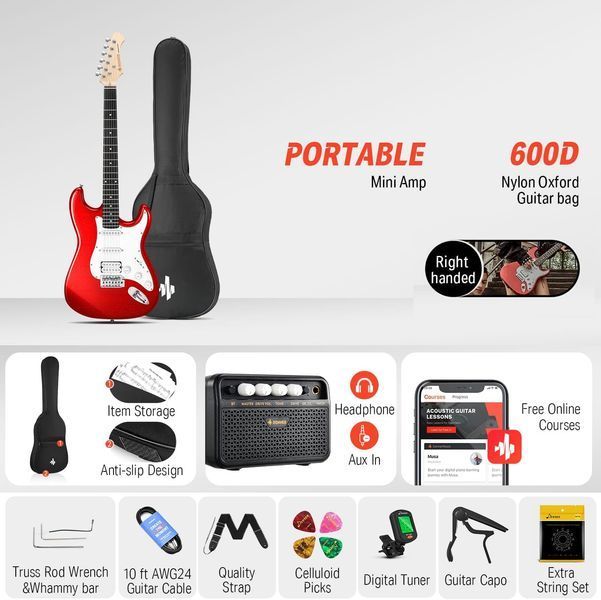 Набір електрогітара Donner Music DST-100 Sunburst Electric Guitar Kit Red EC1166 + комбопідсилювач + тюнер +чохол + ремінь 87532 фото