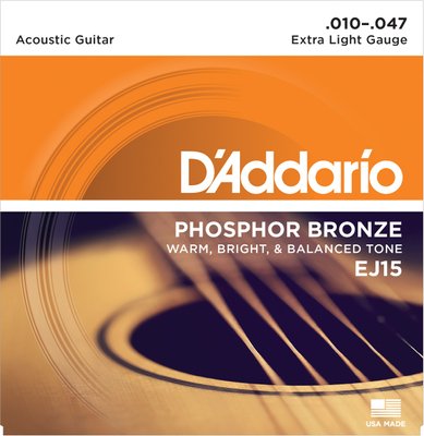 Струни для акустичної гітари D'Addario EJ15 Phosphor Bronze Extra Light Acoustic Guitar Strings 10/47 154 фото