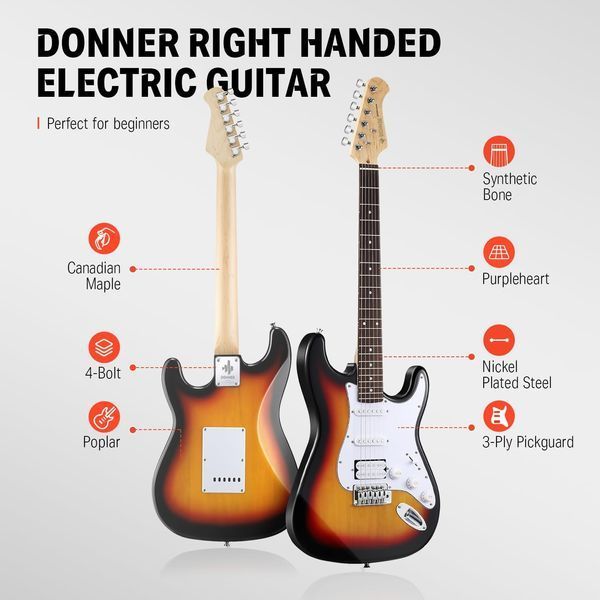 Набір електрогітара Donner Music DST-100 Sunburst Electric Guitar Kit Sunburst EC1098 + комбопідсилювач + тюнер +чохол + ремінь 87530 фото