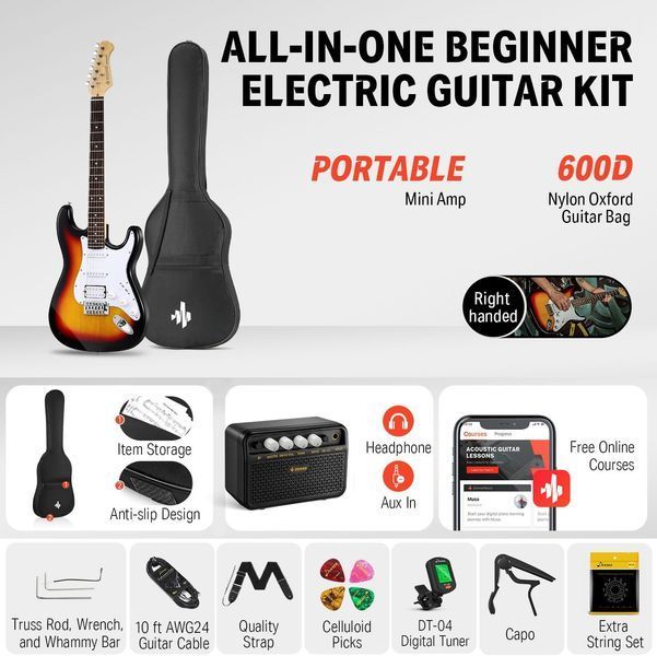 Набір електрогітара Donner Music DST-100 Sunburst Electric Guitar Kit Sunburst EC1098 + комбопідсилювач + тюнер +чохол + ремінь 87530 фото