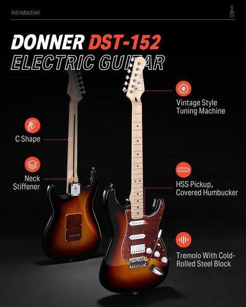 Набір електрогітара Donner Music DST-152 Electric Guitar Kit Sunburst EC1415 + комбопідсилювач + тюнер +чохол + ремінь 87535 фото