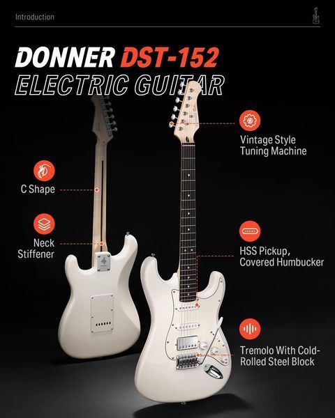 Набір електрогітара Donner Music DST-152 Electric Guitar Kit Polar White EC1418 + комбопідсилювач + тюнер +чохол + ремінь 87537 фото