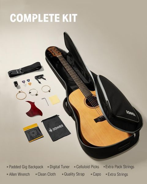 Набор акустическая гитара Donner Music DAG-1C 41 Inch Full-size Cutaway Acoustic Guitar Spruce Mahogany Body EC984 + чехол + струны + тюнер + накладка + каподастр 87513 фото