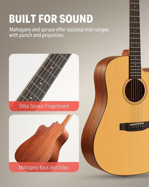 Набор акустическая гитара Donner Music DAG-1C 41 Inch Full-size Cutaway Acoustic Guitar Spruce Mahogany Body EC984 + чехол + струны + тюнер + накладка + каподастр 87513 фото