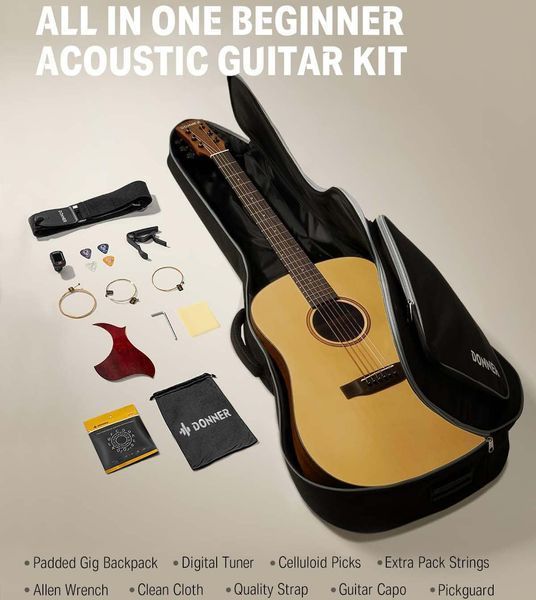 Набор акустическая гитара Donner Donner Music Acoustic Guitar 41 Inch Full-size EC983 + чехол + струны + тюнер + накладка + каподастр 87518 фото