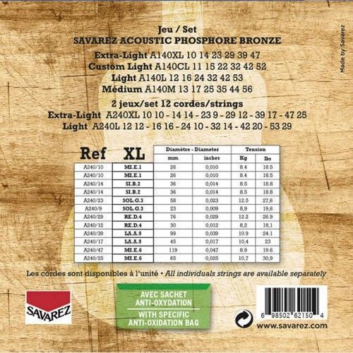 Струны для 12-струнной акустической гитары Savarez A240XL Extra Light Tension сталь+фосфорная бронза 29-2-11-12 фото