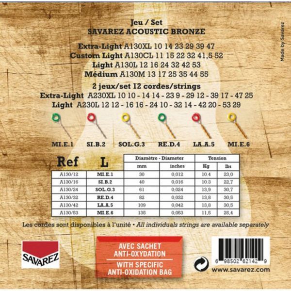 Струни для акустичної гітари Savarez A130L Bronze Light Acoustic Guitar Strings 12/53 124513 фото