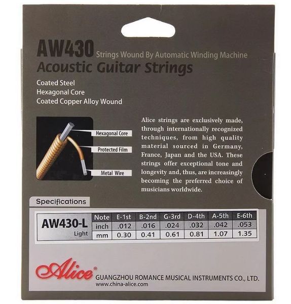 Струны для акустической гитары Alice AW430L Acoustic Coated Copper Wound Light Guitar Strings 12/53 78308 фото