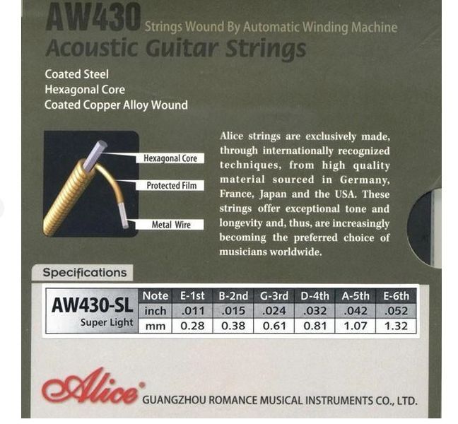 Струни для акустичної гітари Alice AW430-SL Acoustic Coated Copper Wound Super Light Guitar Strings 11/52 78701 фото