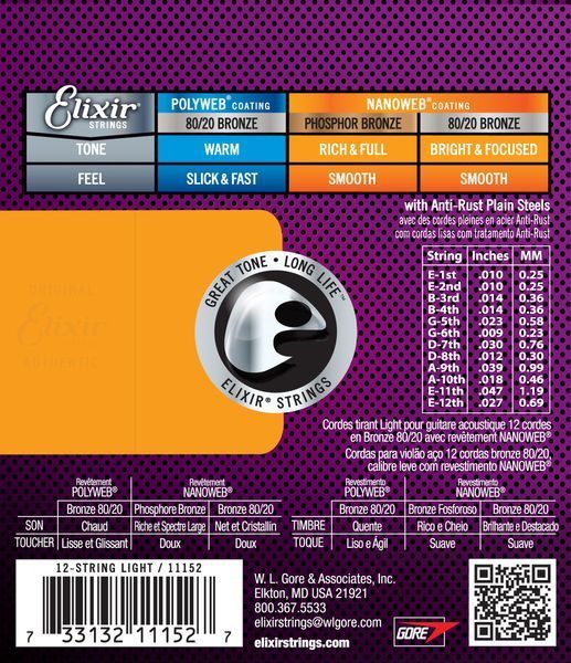 Струни для акустичної гітари Elixir AC NW EL NanoWeb 80/20 Bronze 12-String Light 10-47 240666 фото