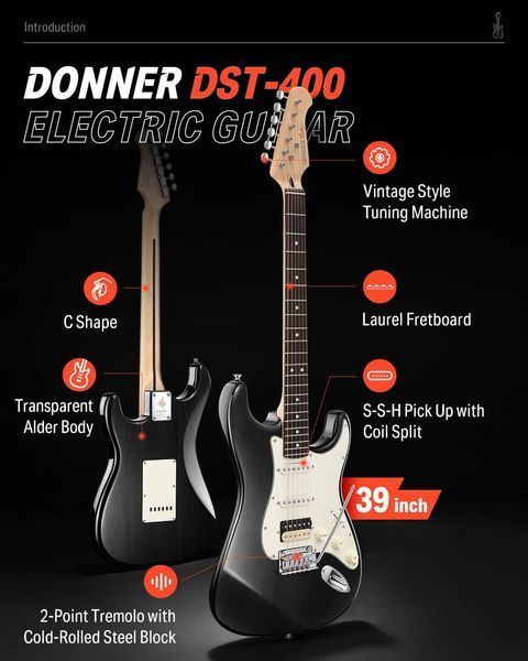 Набор электрогитара Donner Music DST-400 Electric Guitar Black EC1385 + чехол 87539 фото