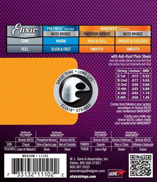 Струны для акустической гитары Elixir AC NW M Bronze 80/20 NanoWeb Medium Tension 240686 фото