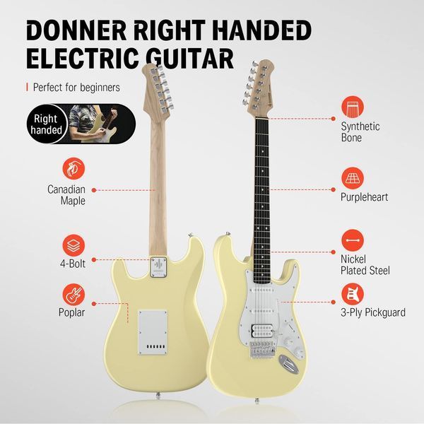 Набір електрогітара Donner Music DST-100 Sunburst Electric Guitar Kit Yellow EC1169 + комбопідсилювач + чохол + ремінь + тюнер 87534 фото