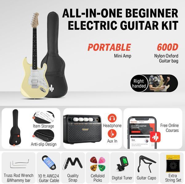 Набір електрогітара Donner Music DST-100 Sunburst Electric Guitar Kit Yellow EC1169 + комбопідсилювач + чохол + ремінь + тюнер 87534 фото